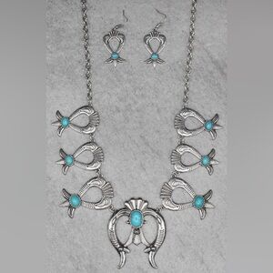 Ambers Allie Squash Blossom Necklace & Earrings Set W/ Turquoise Colored Accents